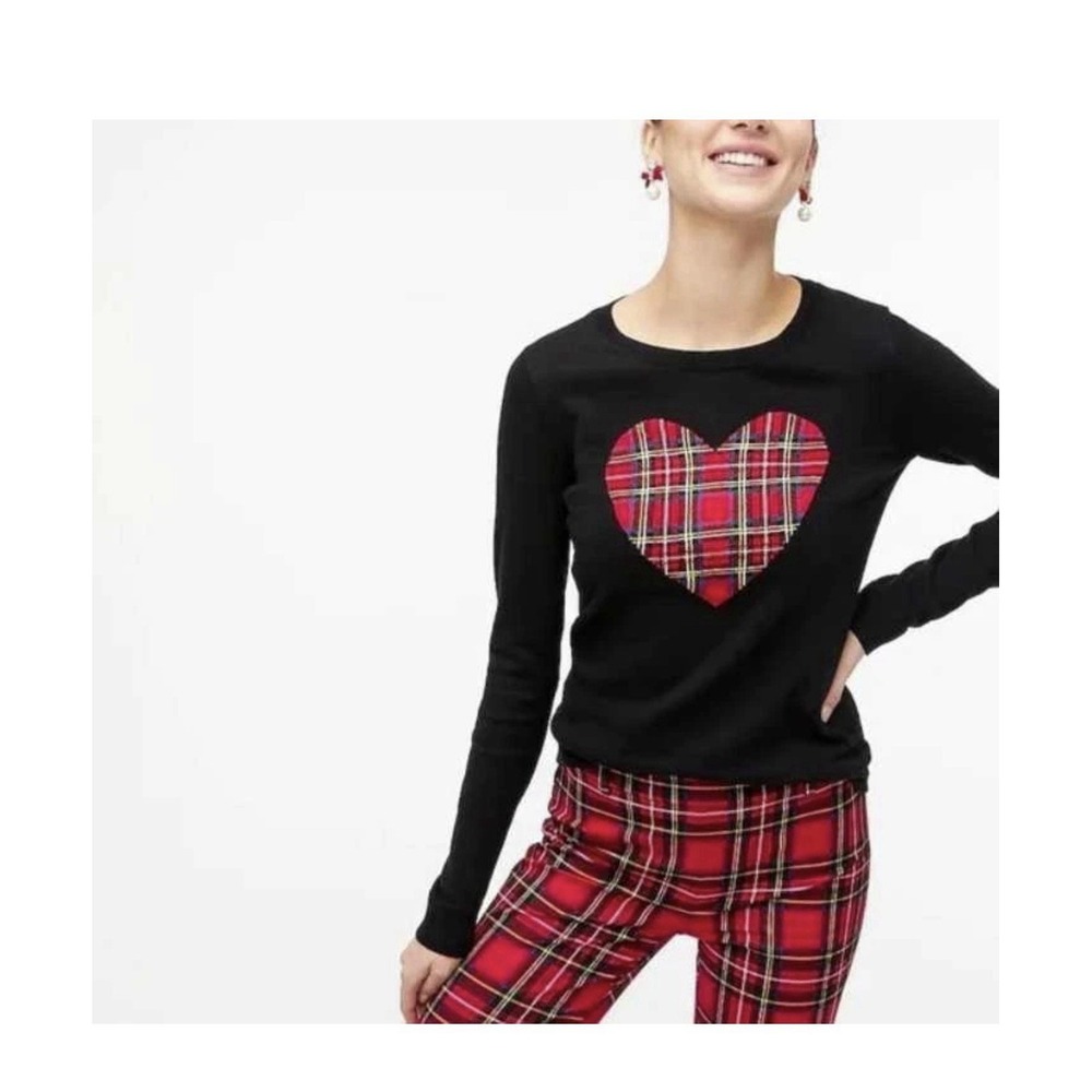 New J.‎ Crew Large Red Tartan Plaid Heart Cotton Teddy Sweater